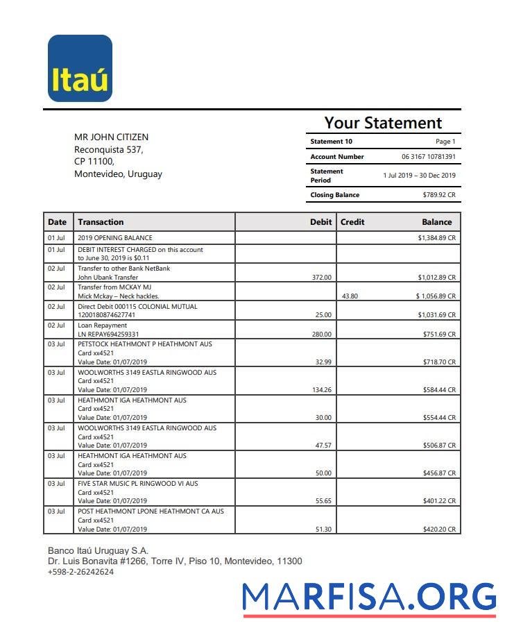 Downloadable Uruguay Itau bank statement word download for verification